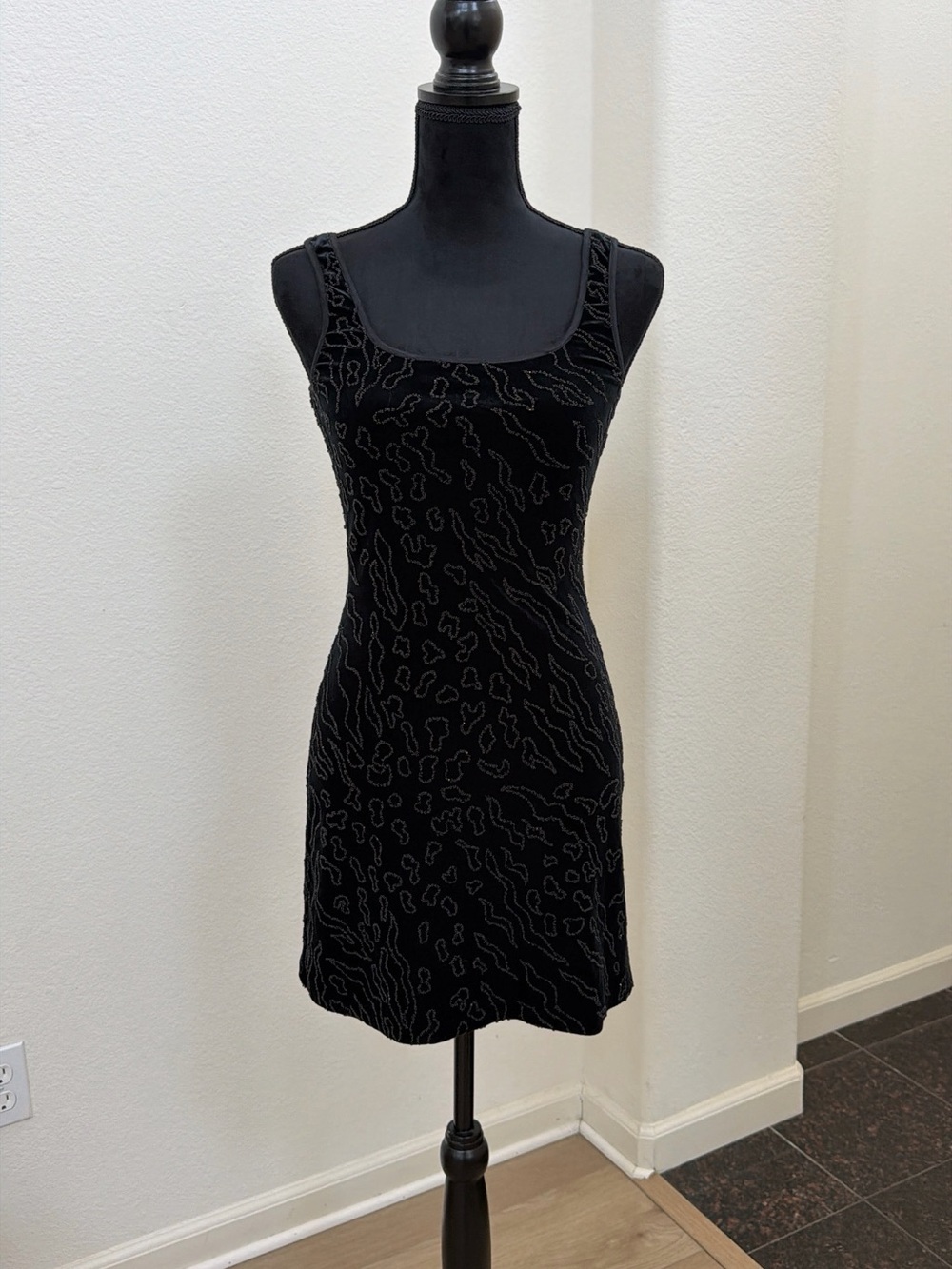 Vintage Bebe Black Velvet Abstract Mini Dress S - Picture 2 of 7